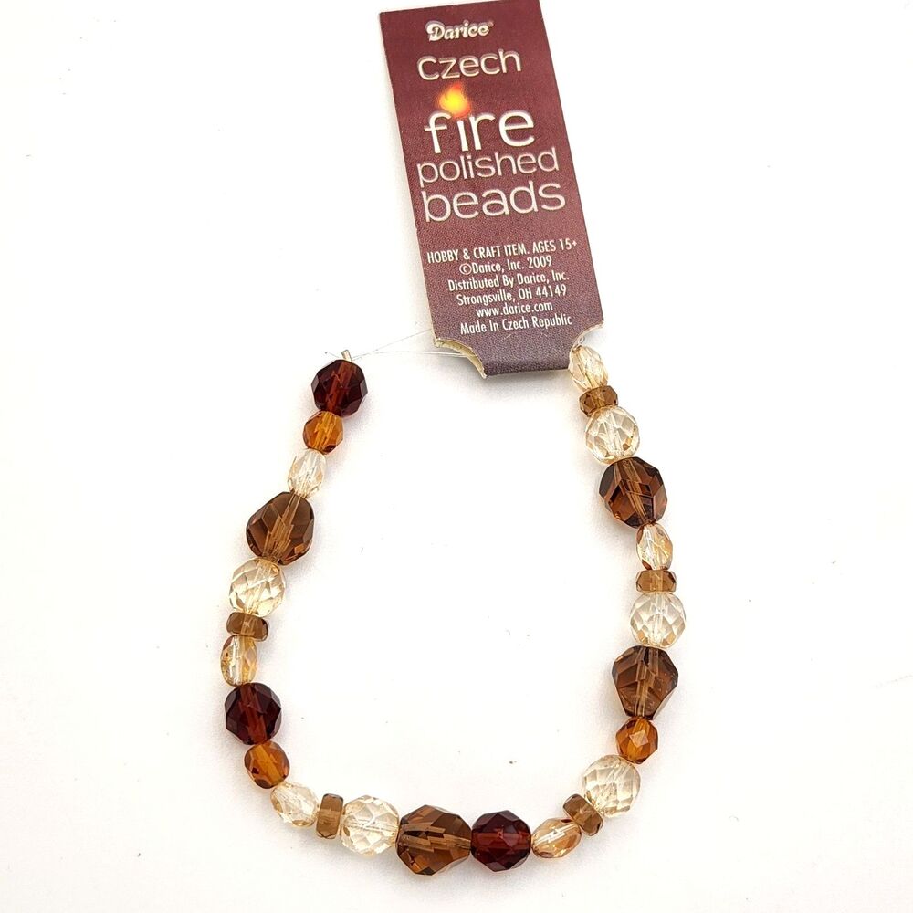 Darice Czech Fire Polished Bead Strand Brown Clear Faceted Crystal DIY Jewelry